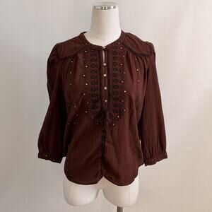Chicos Shirt Womens Small Brown Embroidered Boho Peasant 3/4 Sleeve Flowy Top